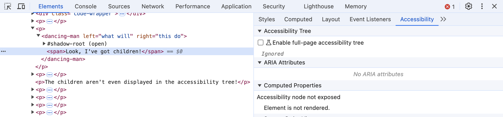 A screenshot of devtools showing that this span has no representation in the accessibility tree