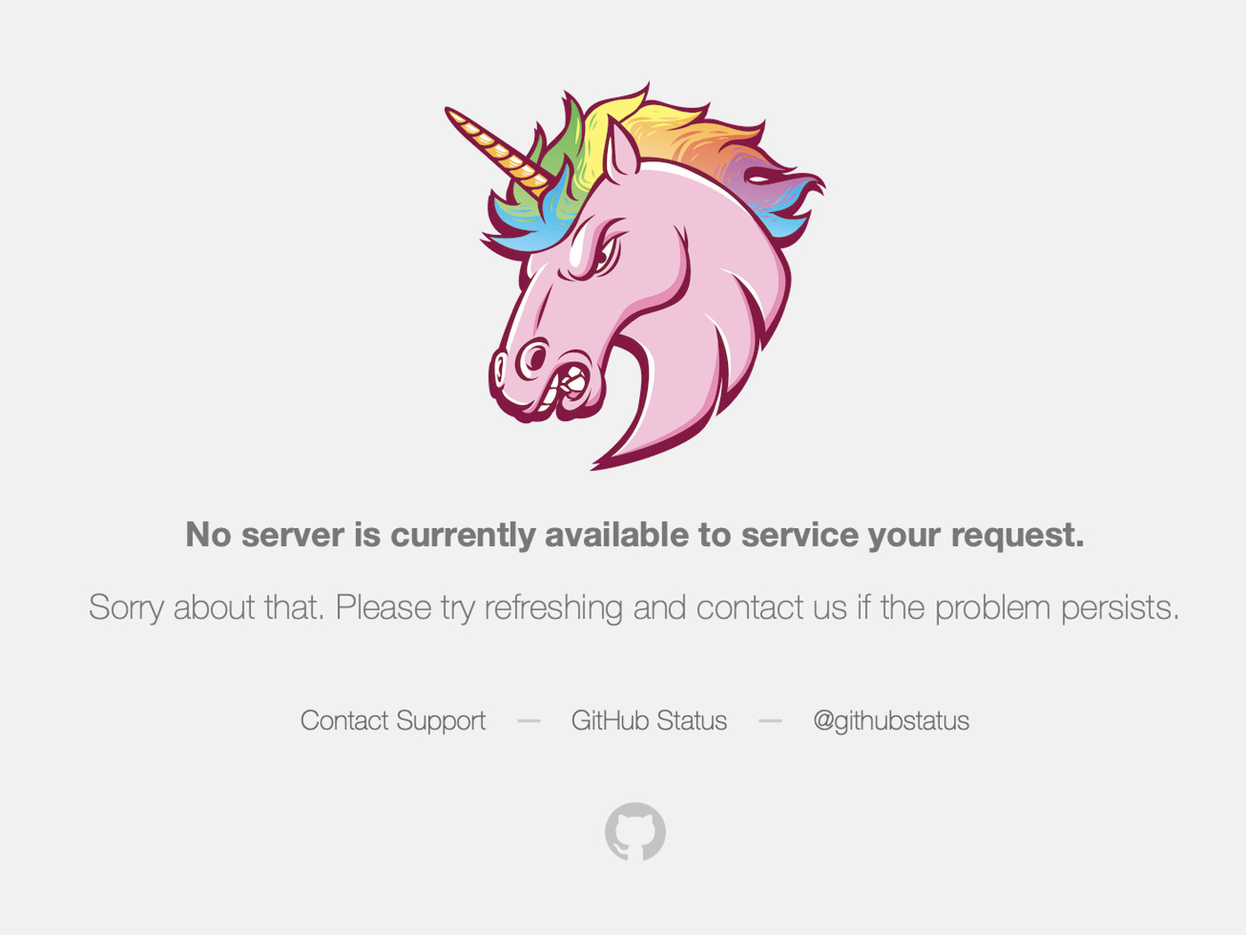 A screenshot of GitHub when it goes down, featuring an angry looking unicorn