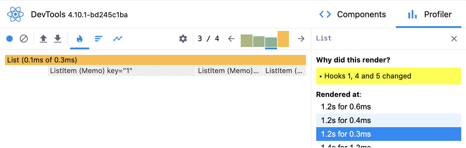 A screenshot of React Devtools showing a profile, which says 'Why did this render?' and 'Hooks 1, 4, and 5 changed'